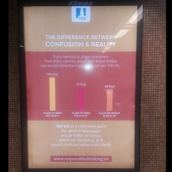 欧洲烈酒公司(Spirits Europe)在布鲁塞尔地铁上刊登广告，支持其要求按杯计算酒精卡路里含量的活动